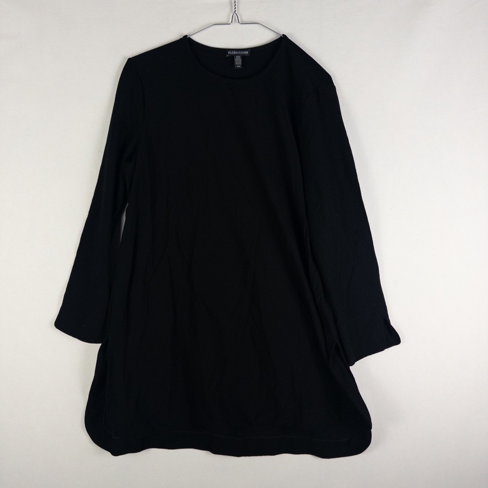 Eileen Fisher Black Long Sleeve A-Line Swing Tunic Top Viscose Stretch M Boxy